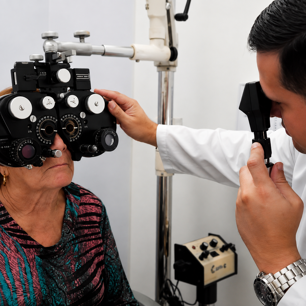Optometrista realizando exame de refração em paciente